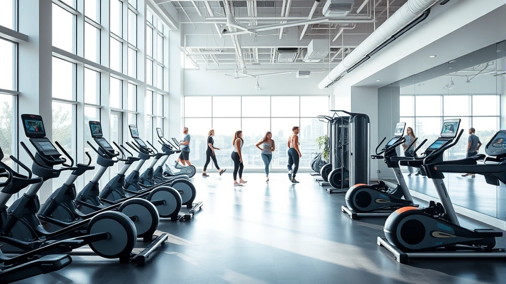 Modern, bright wellness center interior with state-of-the-art fitness equipment, large windows with natural light, clean minimalist design, people exercising in background