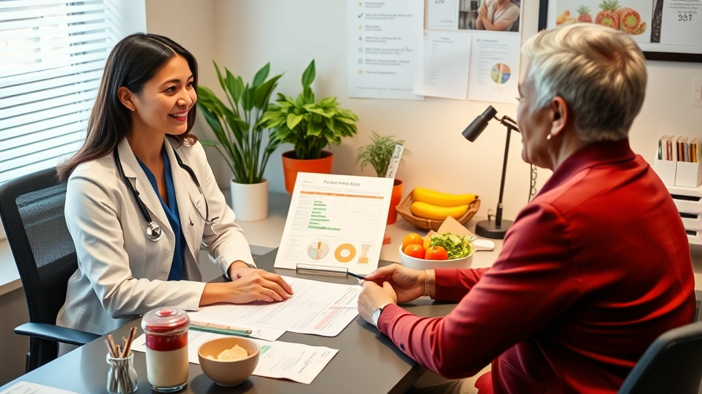 Professional healthcare consultation scene: registered dietitian at desk with healthy food items and nutrition charts visible, warm office lighting, employee receiving dietary guidance