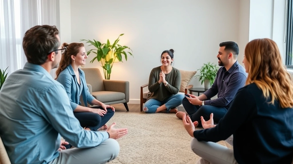 Diverse group of professionals in a mental wellness session, comfortable modern office setting with soft lighting, mindfulness and stress management in progress, peaceful atmosphere