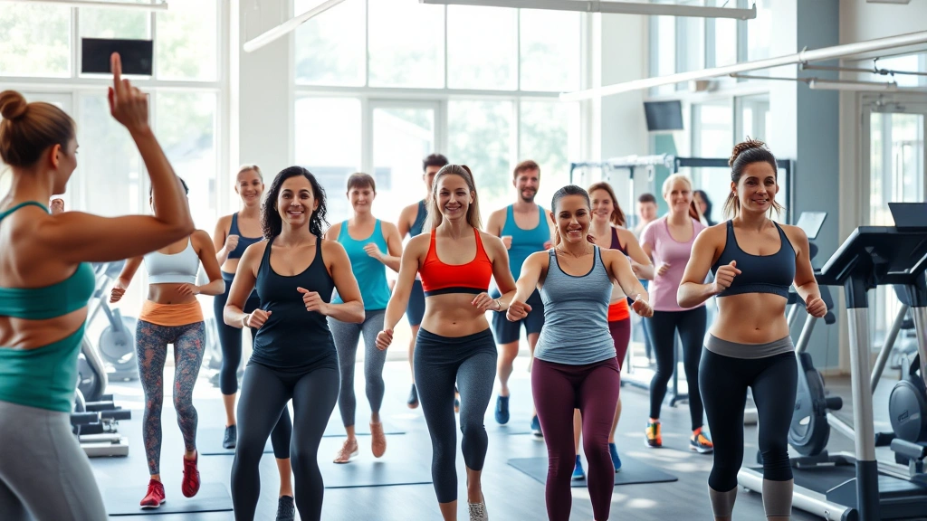 Diverse group of people exercising together in a bright, modern gym facility with natural light, showing various fitness equipment and positive energy