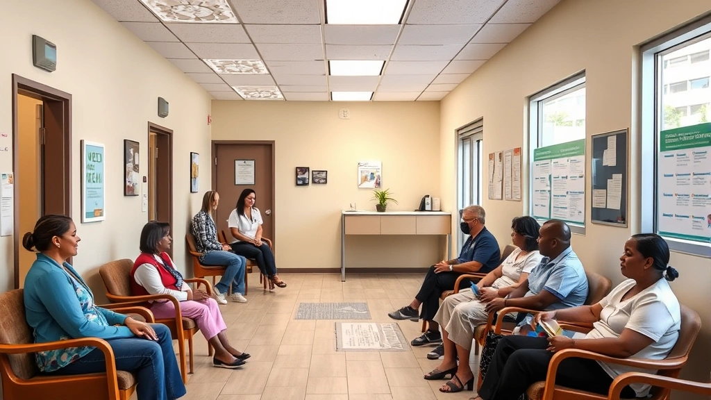 Community health center reception area with welcoming staff, comfortable seating, diverse patients, and health education materials on walls