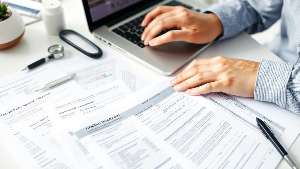 Close-up of hands typing on laptop keyboard with medical documents and health insurance forms scattered on desk, organized workspace setup