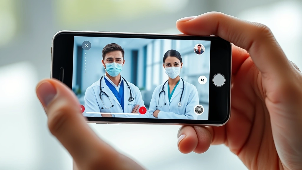 Smartphone displaying medical app interface with healthcare provider video consultation screen, modern digital health technology visualization
