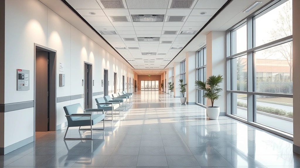 Serene modern hospital hallway with soft lighting, calming neutral colors, comfortable seating areas, large windows with natural light streaming in, peaceful and welcoming atmosphere