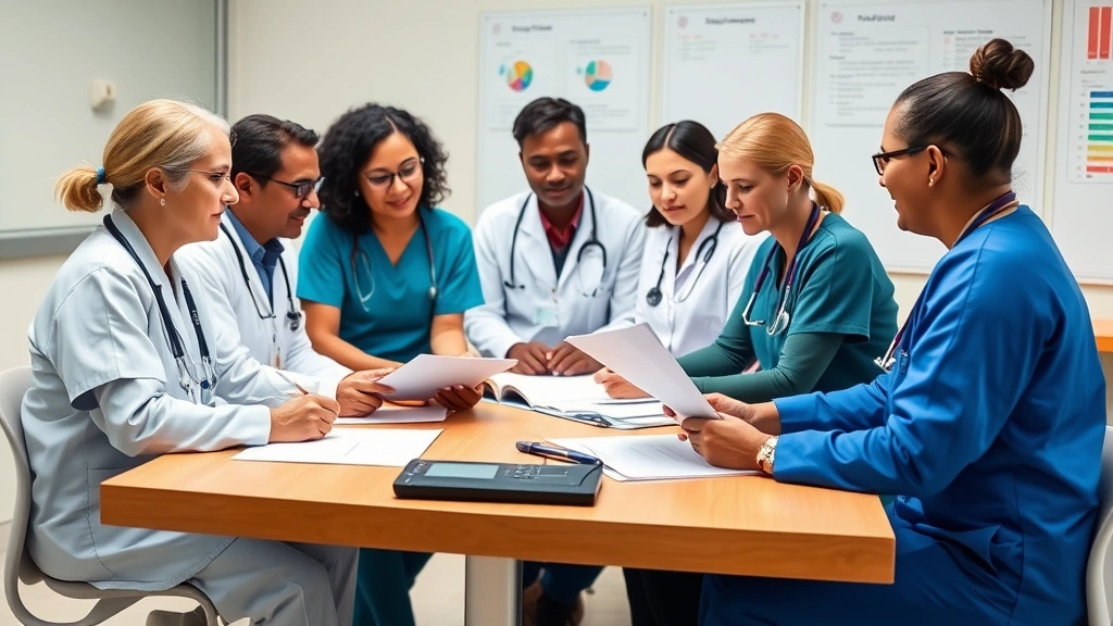 Diverse group of healthcare professionals in clinical setting collaborating during team meeting, reviewing patient charts and discussing treatment plans, professional and supportive environment