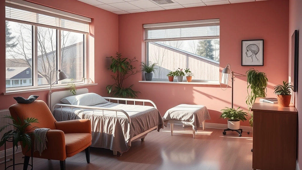 Comfortable patient room in psychiatric facility with soothing colors, natural light, comfortable bed, armchair, plants, peaceful and healing interior design