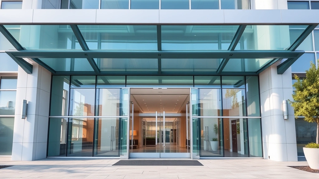 Modern hospital entrance with glass doors and contemporary architecture, bright daylight, welcoming healthcare facility exterior setting