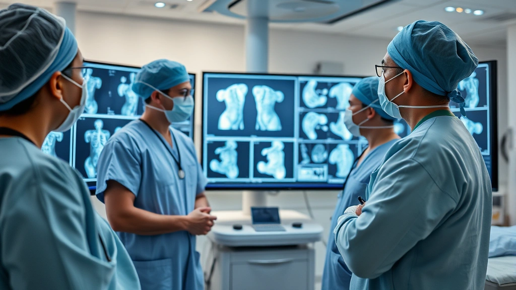 Medical professionals in surgical attire reviewing patient imaging scans on illuminated screens in modern hospital environment