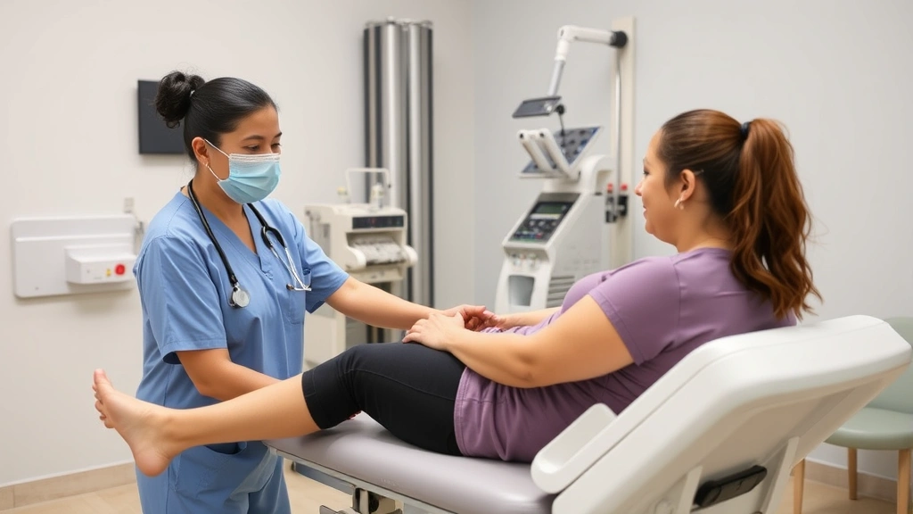 Patient receiving physical therapy or rehabilitation care from healthcare provider in clinical outpatient setting with equipment