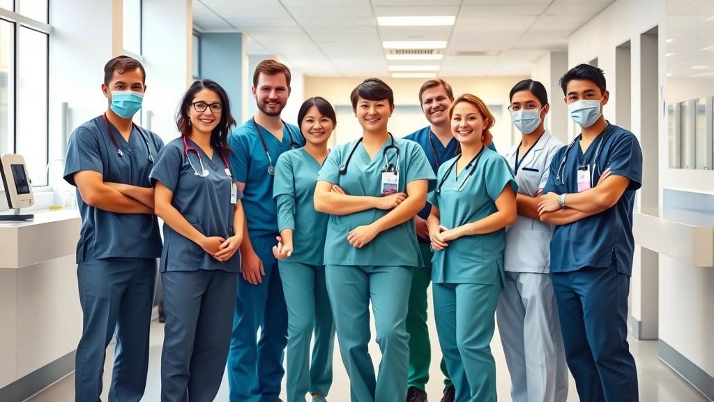 Diverse group of healthcare professionals in scrubs standing together in hospital setting, collaborative team, modern medical facility background