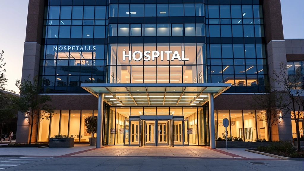 Modern hospital building exterior with glass entrance and contemporary architecture, daytime lighting showing professional medical facility