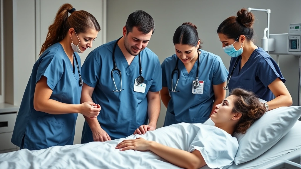 Healthcare professionals in scrubs collaborating around a patient bedside, showing compassionate teamwork and medical expertise