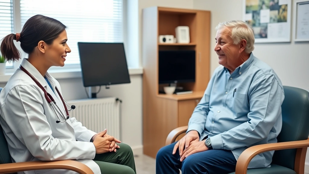 Healthcare provider conducting patient consultation in clinical office, stethoscope visible, patient sitting comfortably, warm professional interaction showing active listening