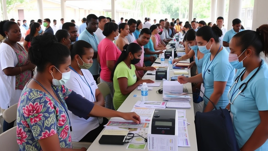 Community health screening event with multiple stations, diverse population participating, blood pressure monitoring, health education materials, supportive healthcare workers