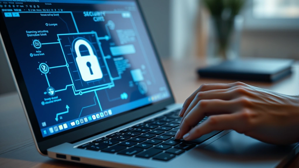 Close-up of hands typing on a laptop keyboard with a soft blue digital security interface glowing on the screen, modern minimalist workspace setting