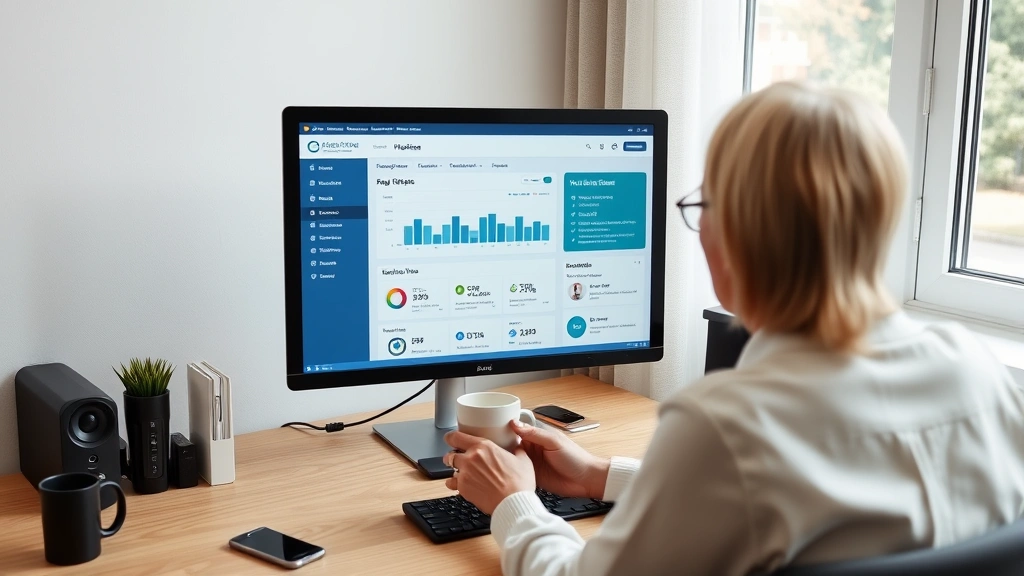 Person sitting at a desk with a computer monitor displaying a healthcare portal dashboard, holding a coffee cup, natural daylight from window