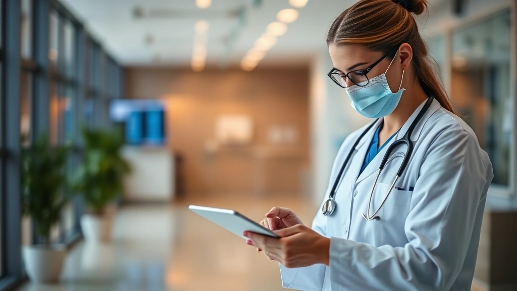 Healthcare professional reviewing patient data on tablet in modern clinic setting with warm lighting and blurred background