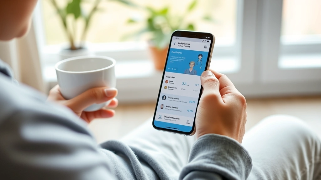 Person using smartphone to access healthcare portal, sitting at home with cup of coffee, natural lighting through window, relaxed healthcare management