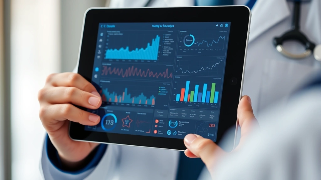 Close-up of tablet screen displaying medical charts and health data visualization, hands holding device, professional healthcare technology interface
