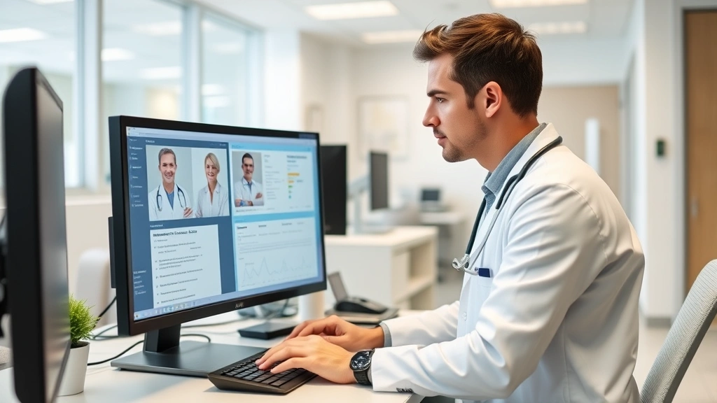Healthcare professional reviewing patient information on computer workstation in modern clinic office, focused digital health documentation management