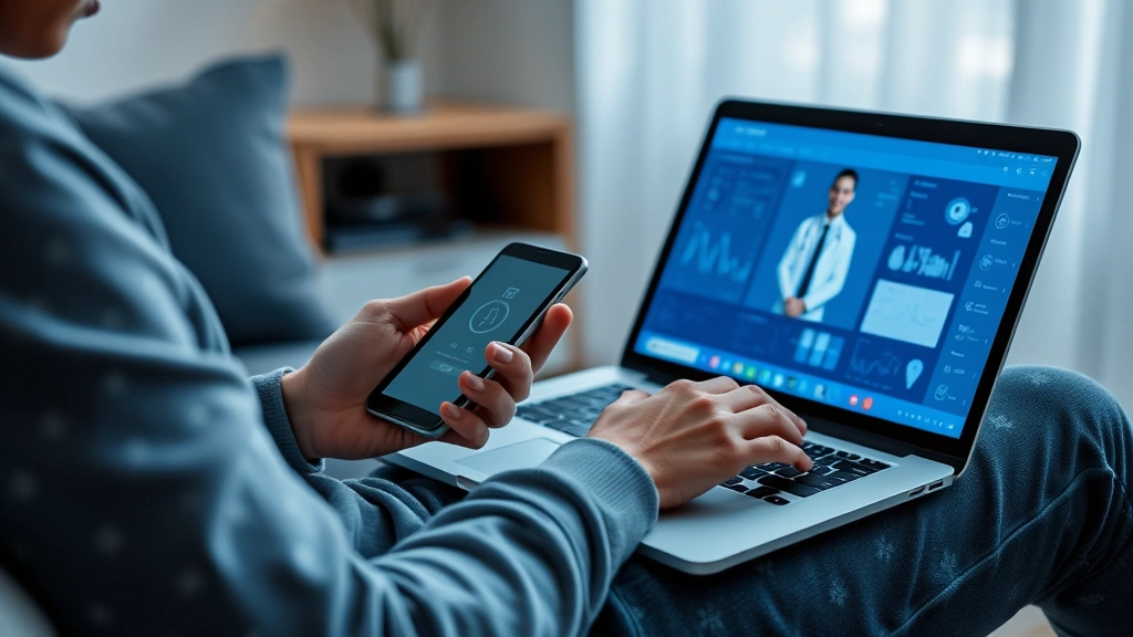 Person using smartphone and laptop to access medical portal, sitting in comfortable home environment, digital health management, secure connection visualization