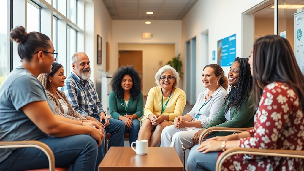 Diverse group of patients in bright, welcoming Harris Health clinic waiting area, modern healthcare facility interior, inclusive community healthcare setting
