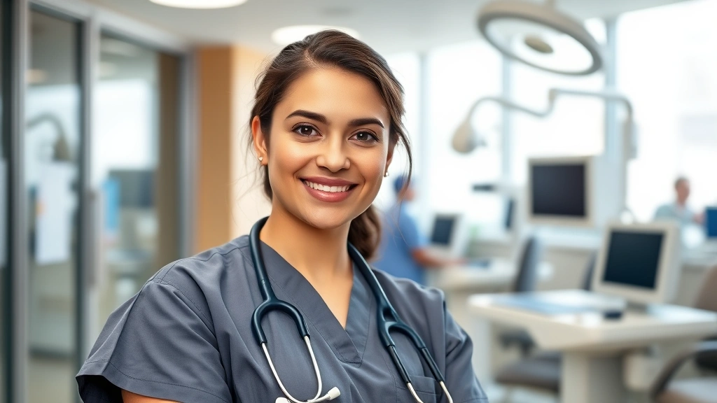 Professional healthcare worker in modern medical facility wearing scrubs, stethoscope around neck, confident expression, bright clinical environment with medical equipment visible