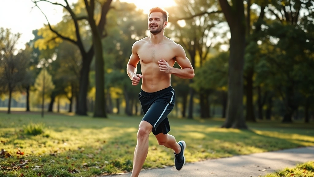 Fit adult exercising outdoors in natural setting, jogging through park with trees and morning light, energetic body language, peaceful natural backdrop