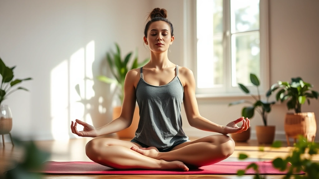 Person meditating in calm home environment, sitting peacefully on yoga mat with plants visible, natural window light, serene and balanced composition