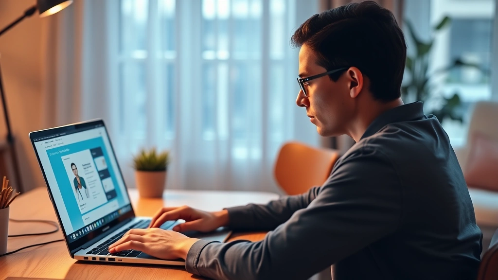 A person sitting at a laptop with a healthcare provider interface displayed on screen, warm lighting, professional home office setting, focused expression