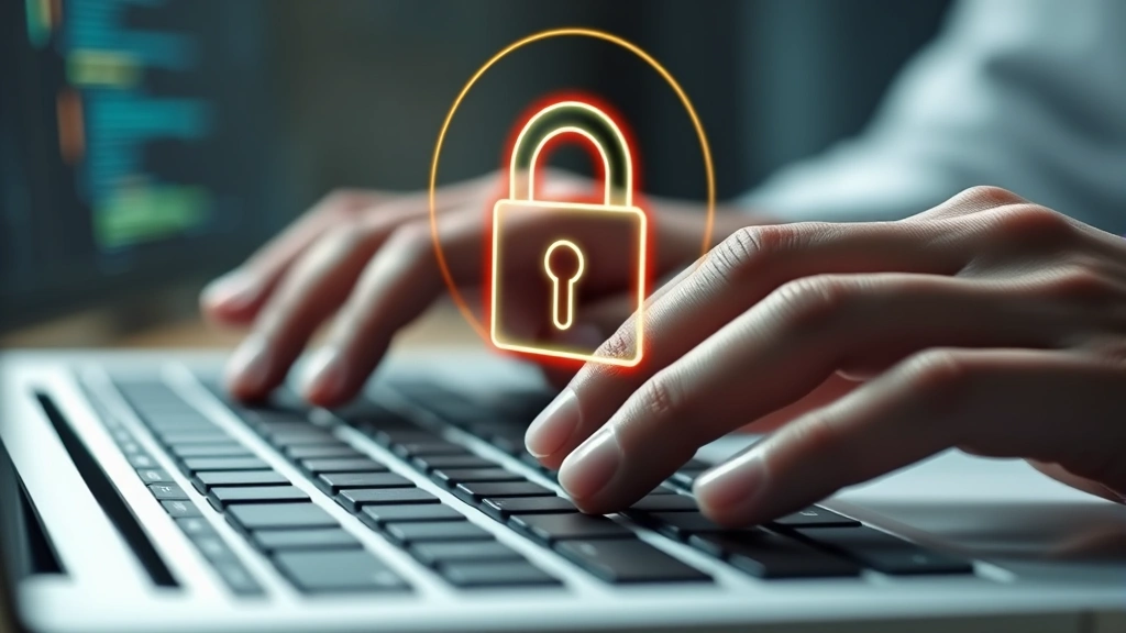 Close-up of hands typing on a keyboard with a padlock security icon glowing softly above, representing digital healthcare security and data protection