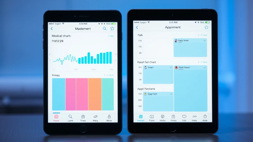 Smartphone and tablet displaying medical charts and appointment calendars side by side, modern devices in a wellness environment with soft blue lighting
