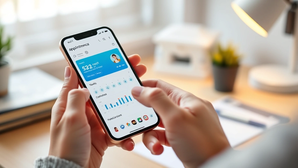 A person's hands holding a smartphone displaying a clean healthcare dashboard interface with appointment calendar and medical charts, warm lighting on a home desk setting