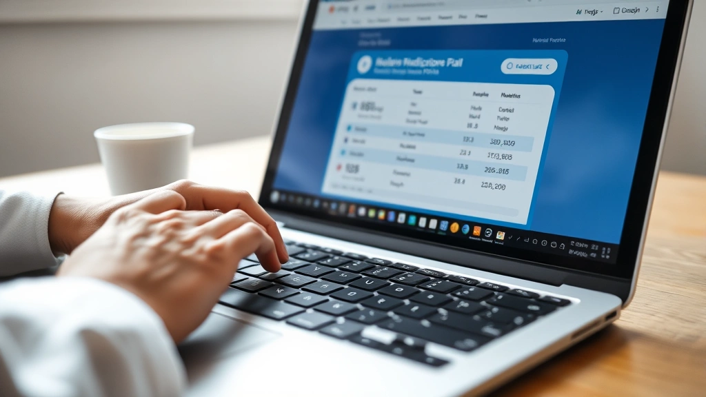 Close-up of someone typing on a laptop keyboard with a healthcare portal displayed on screen, showing medication list and lab results in soft office lighting