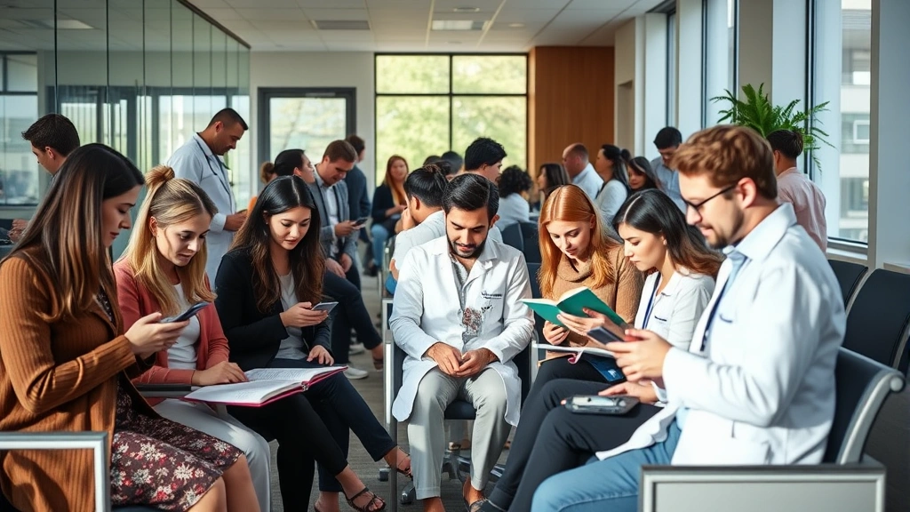 A diverse group of people in a modern medical office waiting room, some checking phones, others reading, bright natural light streaming through windows, contemporary healthcare facility