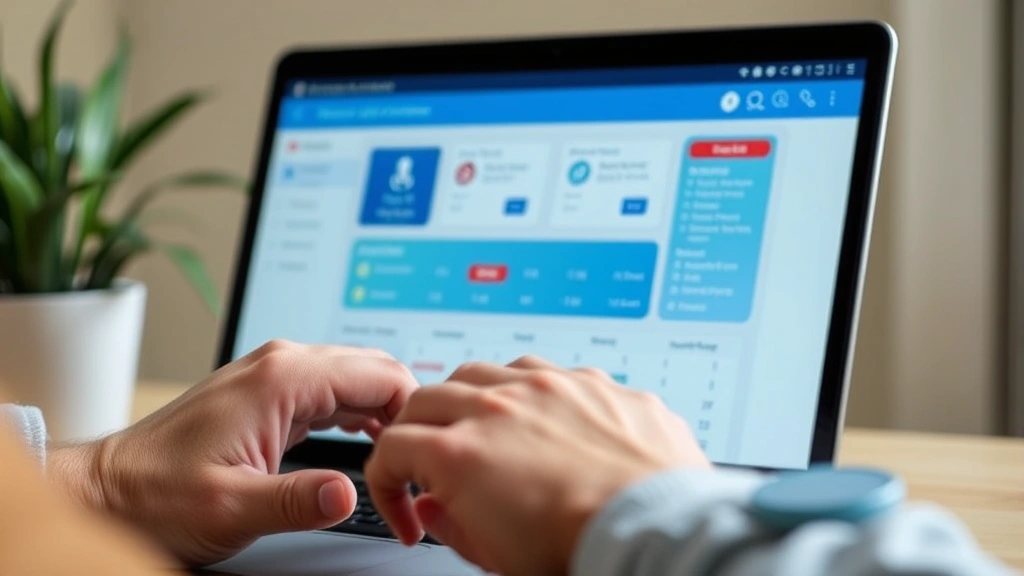 Close-up of hands typing on laptop keyboard displaying healthcare dashboard interface with appointment calendar visible