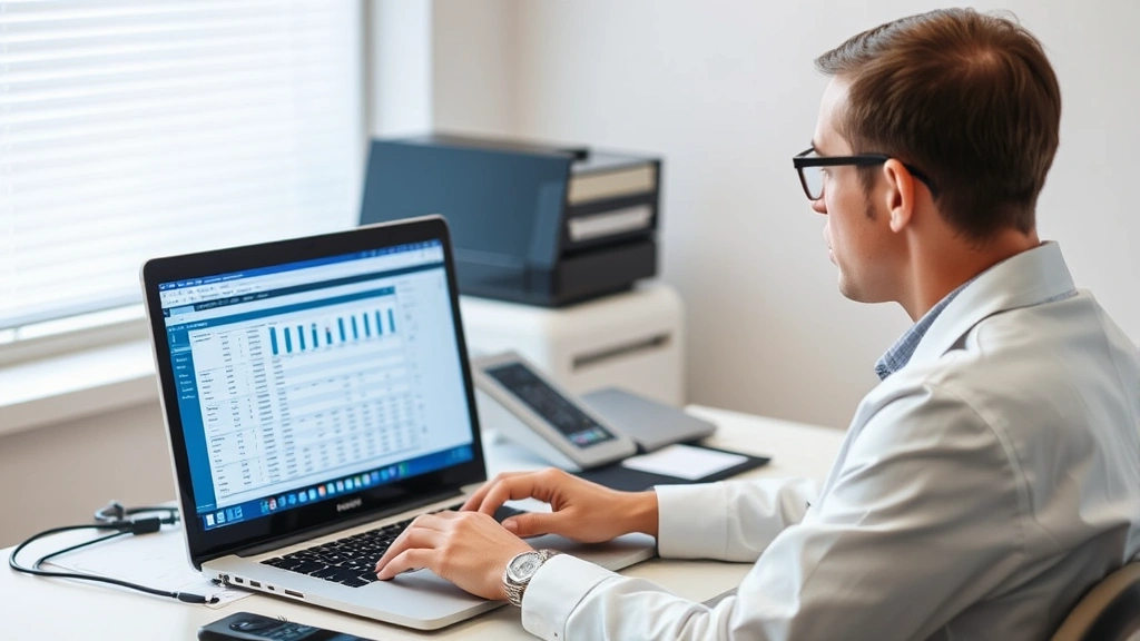 Individual reviewing lab test results on laptop computer at desk, focused expression studying health data, professional healthcare setting