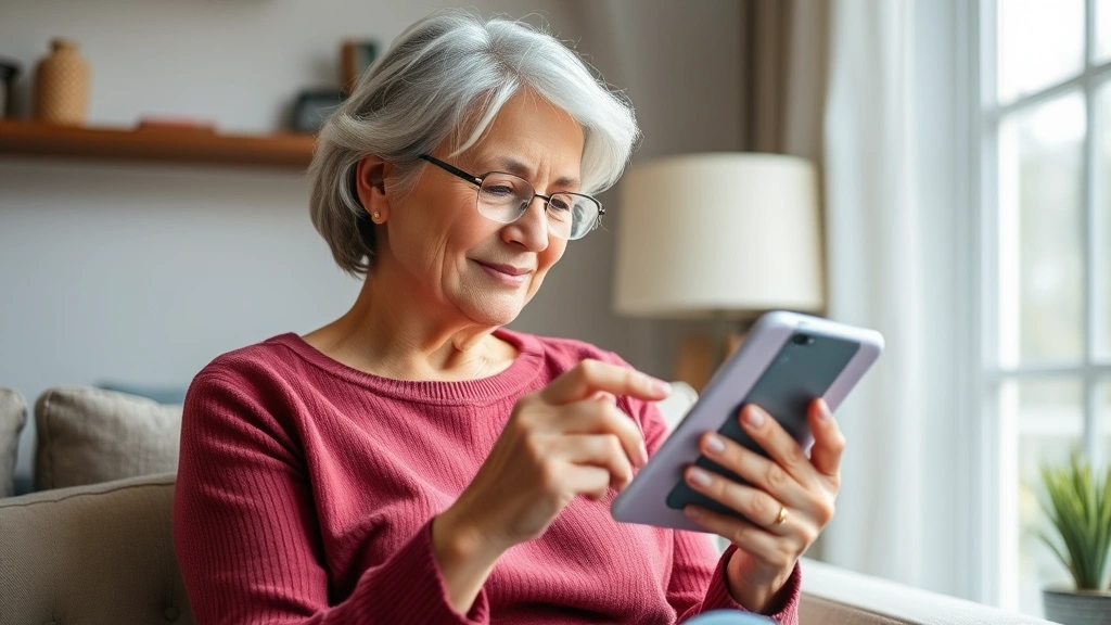 Senior woman reviewing lab results on smartphone in comfortable home environment with natural window lighting, looking satisfied