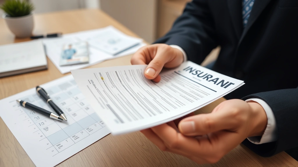 Close-up of hands holding medical documents and insurance cards, organized paperwork on desk with pen, neutral office setting