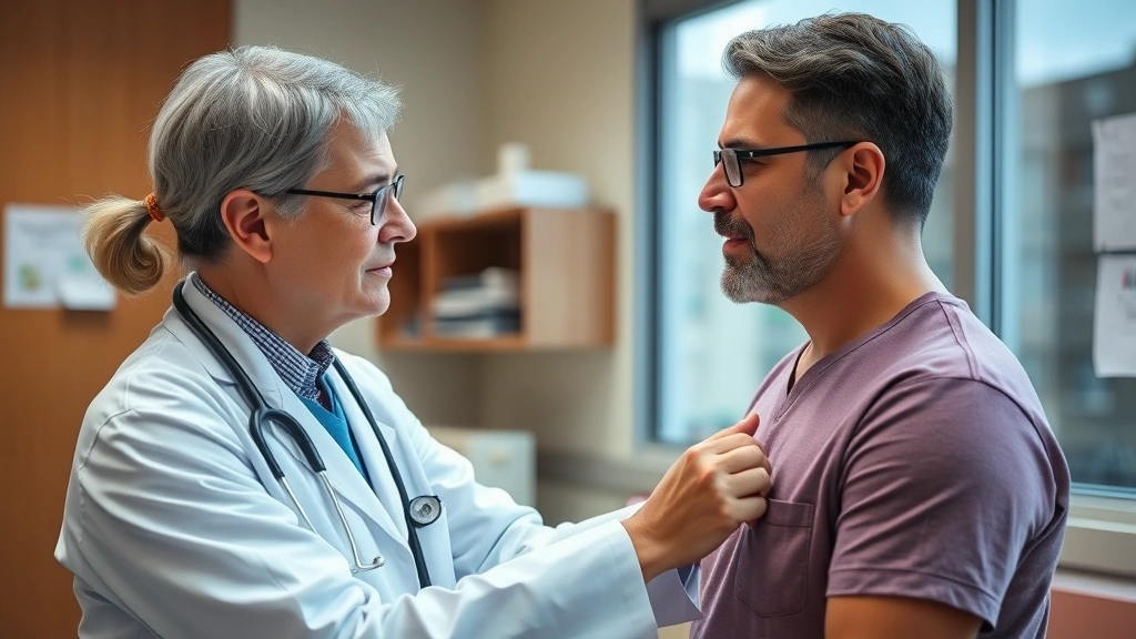 Healthcare provider examining patient in clinical setting, stethoscope visible, warm professional environment with natural lighting