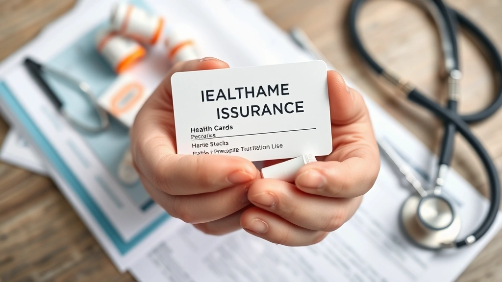 Close-up of hands holding a health insurance ID card and prescription medications with a stethoscope and medical documents in soft focus background