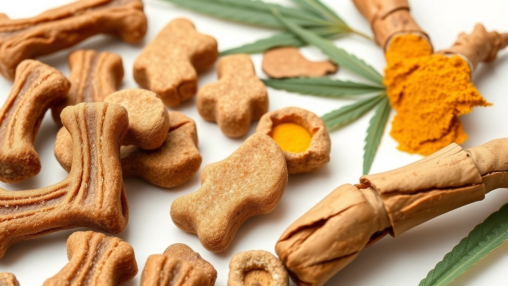 Close-up of dog treats and supplement soft chews arranged on white surface with hemp leaves and turmeric root nearby, clean professional product photography