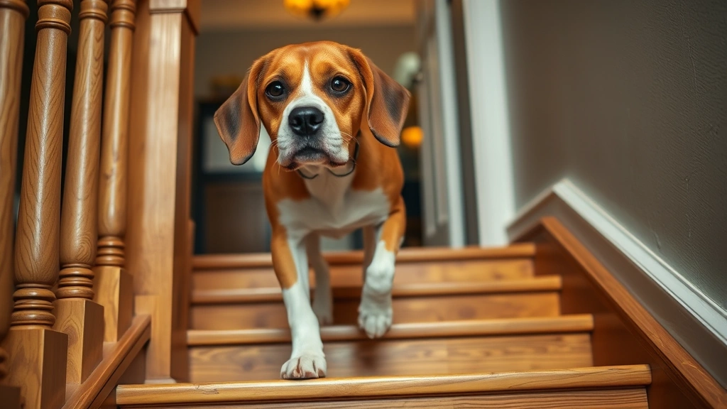 Elderly beagle walking up wooden stairs indoors with visible joint caution, warm home lighting, focused determination in dog's expression