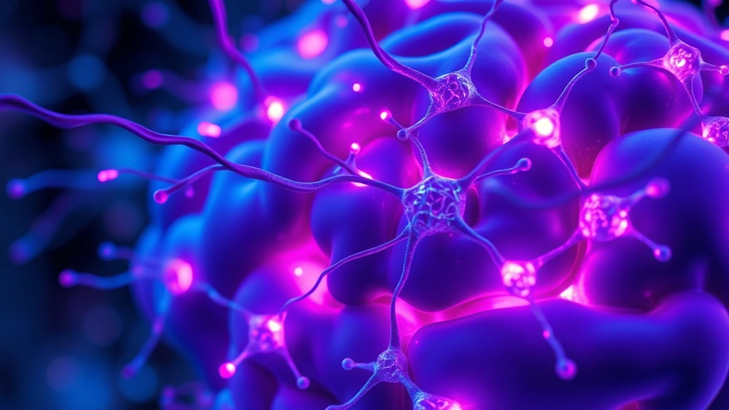 Close-up of brain neural network with glowing synapses and interconnected neurons firing, vibrant blue and purple colors, scientific visualization style, no text