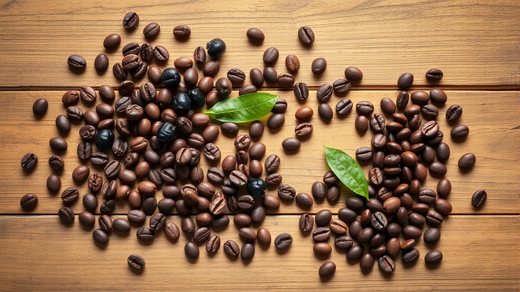 Overhead view of fresh coffee berries and beans scattered on wooden surface with soft natural lighting, earthy tones, clean minimalist composition, no text