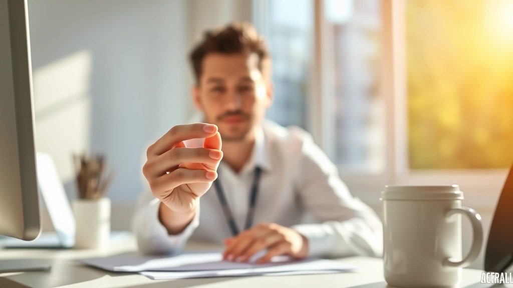 Person at desk during morning light, holding supplement capsule with coffee cup nearby, sunlight streaming through window, focused and alert expression, photorealistic