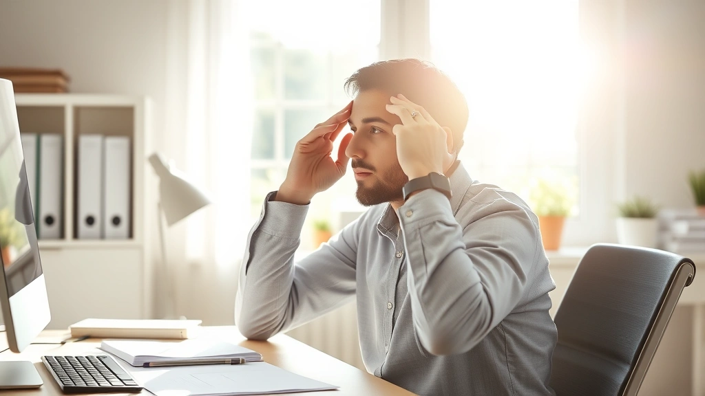 Person in bright home office sitting at desk with hands on temples, looking focused and alert, morning sunlight streaming through window, peaceful concentration, no text