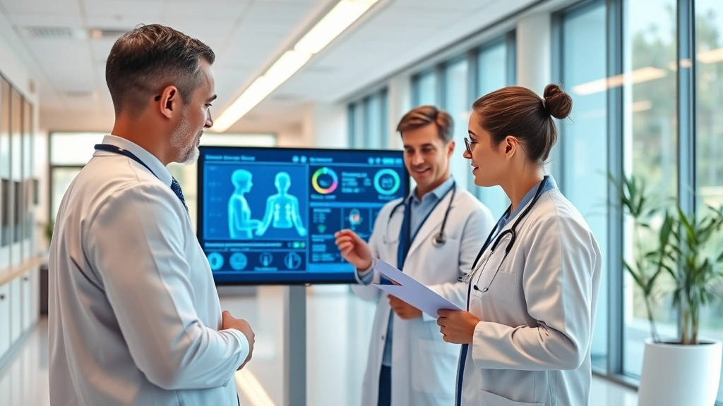 Healthcare professionals collaborating around a digital display showing patient data, modern clinic environment with natural lighting and contemporary design elements