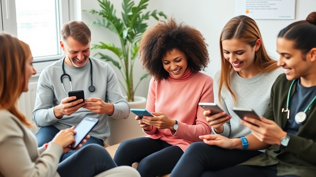 Diverse patients using mobile devices and wearable health monitors in a comfortable medical office setting, representing remote health monitoring and patient engagement