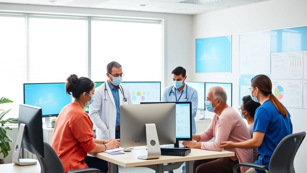 Team of healthcare workers from different disciplines including doctors, nurses, and therapists working together in an integrated care coordination center with multiple screens